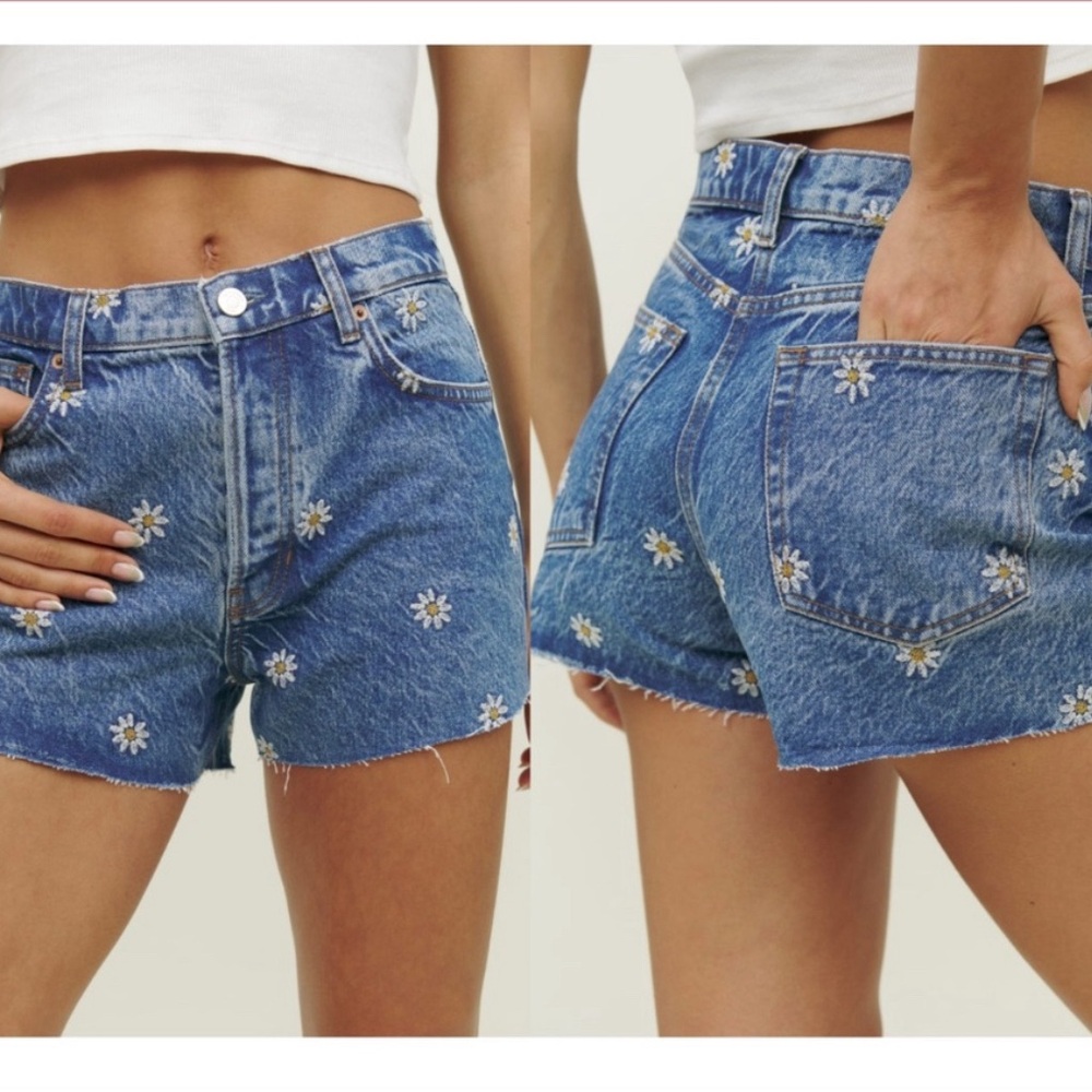 Reformation Blue Charlie High Rise Embroidered Floral Denim Jean Shorts 26
